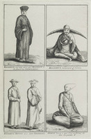 KG 11949
<br/>
Oost-Indië: Chinese monniken met rozenkrans (Cath.), bedelmonnik, en bedelmonnik met punthoofd.
<br/>
<em>Picart, Bernard (1673-1733) - attr.</em>